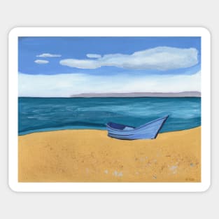 Blue Boat by the Ocean Gouache Painting Sticker